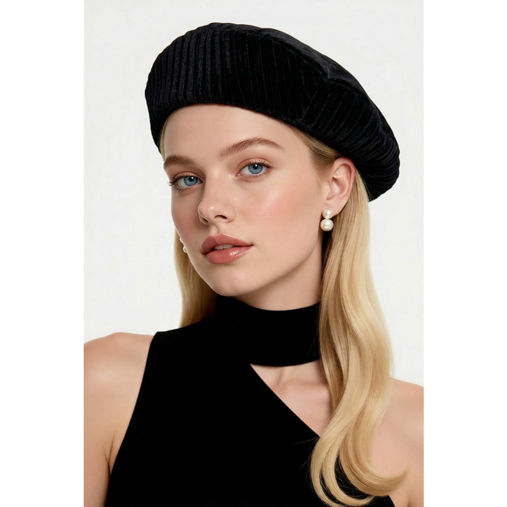 Vintage Hat Black Velvet Beret Nylon Lined 8" Rim Small